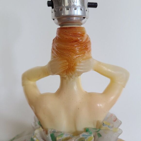 Vintage Lady In Dress MCM Lamp Celluloid Plastic Floral Swiss Dot Hoop Skirt - Picture 10 of 16